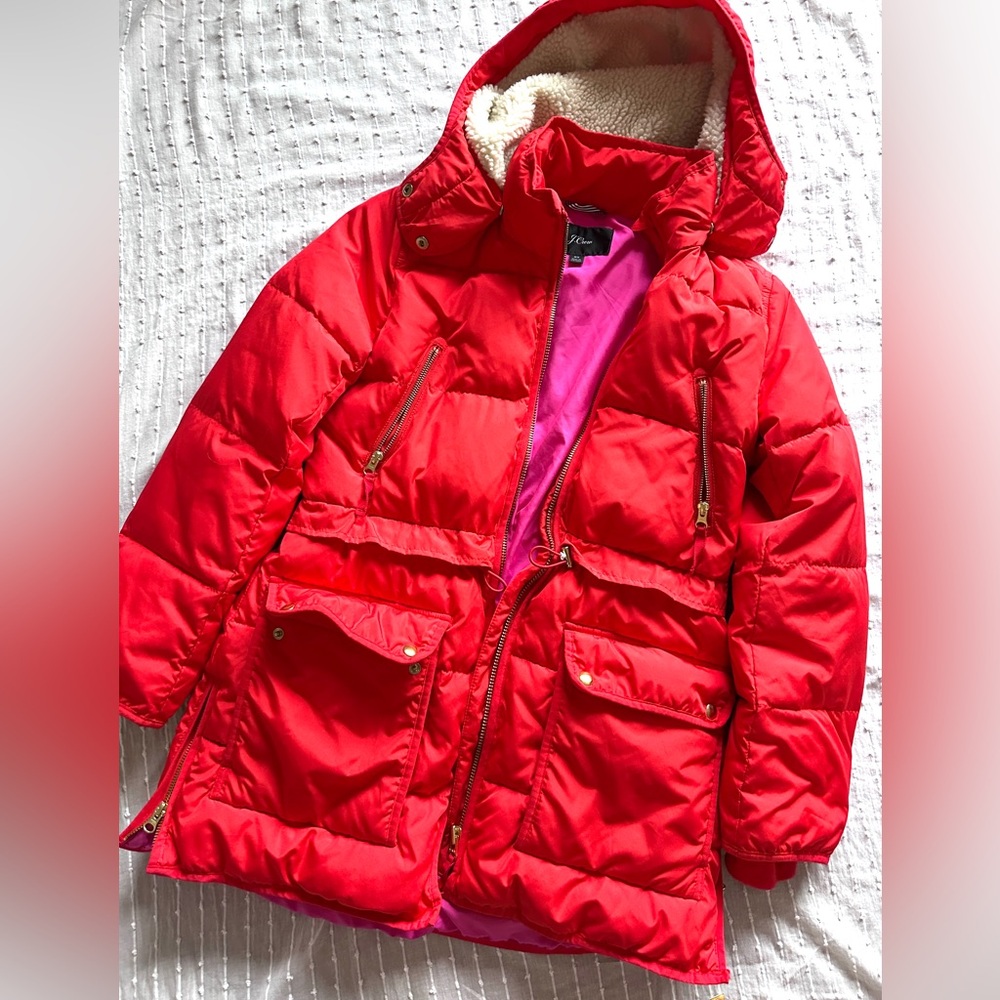 J. Crew XS Red Puffer Coat with Hood